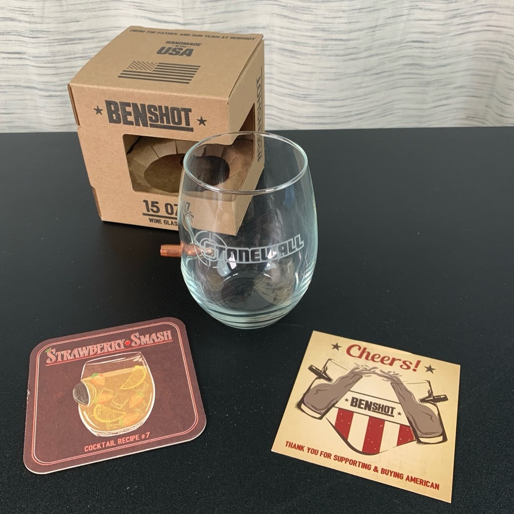 Ben Shot Clear Wine Glass with Embedded Bullet and “Stonewall” Etching.